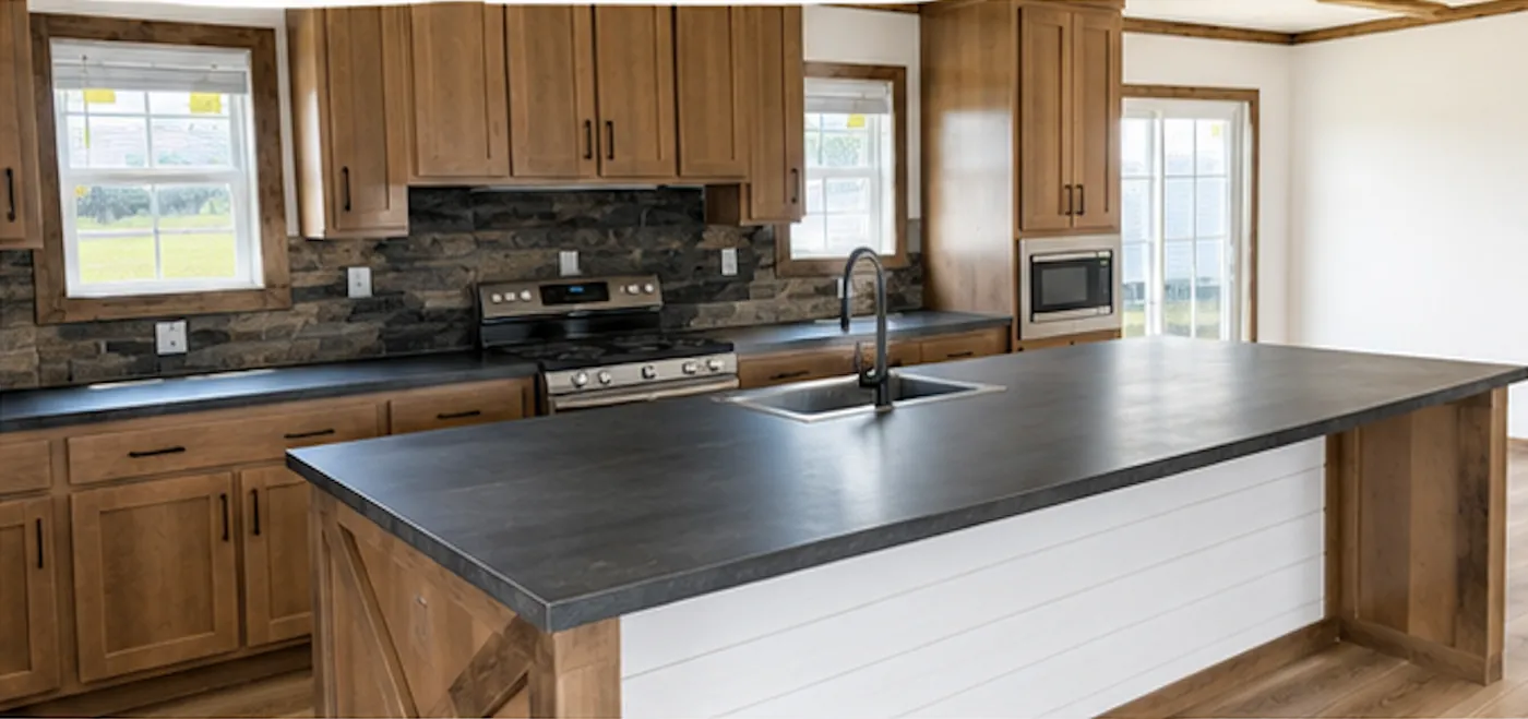 Kitchen with natural wood cabinets, shiplap island and dark countertops